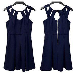 Betsey Johnson Fit & Flare Swing Dress Size 10 Navy Cutout Neckline Pockets